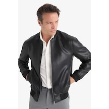 Defacto Slim Fit Dar Kesim Kolej Yaka Astarlı Fermuarlı Suni Deri Bomber Mont Y5367az25aubk27 Siyah