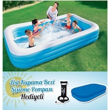 Bestway Şişme Havuz Aile Havuzu 305cm X 183cm X 56cm + Üst Kapama Bezi + Şişirme Pompası Hediyeli Beyaz - Mavi