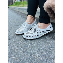 Dabab Shoes Vırena Kadın Beyaz Hakiki Deri File Bağcıklı Düz Taban Yazlık Babet Loafer Ayakkabı