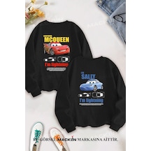 Macklin Sevgili Çift Kombin Şimşek Mcqueen Ve Sally Sırt Baskılı Bisiklet Yaka Sweatshirt 2li Set Takım Siyah Mck1330 Siyah