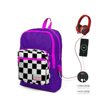 Coral High Kids Mor Dama Desenli Usb Şarjlı Kulaklık Çıkışlı Okul Çantası