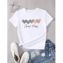 Unisex Pamuklu Choose Happy Kalp Ön Baskılı Tasarım Tshirt Beyaz