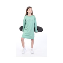 Toontoy Kız Çocuk Baskılı Relax Fit Bisiklet Yaka Uzun Kollu Elbise - Yeşil