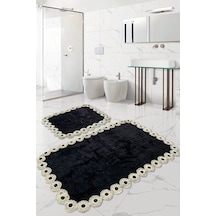 Gülruba Köşeli Siyah Çeyizlik Dantelli 2'li Banyo Paspası Seti Kaymaz Tabanlı Klozet Takımı