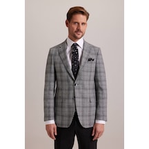 Erkek Gri Kışlık Yünlü Regular Fit Ekose Desenli Tek Ceket 001