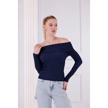 Madonna Yaka Uzun Kollu Fitilli Kadın Bluz Lacivert