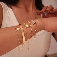 Girift Vintage Elva 6 Adet Zincir Kalp Detaylı Gold Bileklik Gold