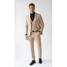 Erkek Klasik Slim Fit Armürlü Kumaş Tek Düğmeli Çift Yırtmaçlı Klasik Yaka Takım Elbise 7 Drop Bej