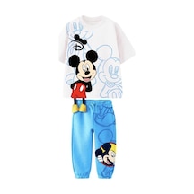 Unisex Çocuk Eğlenceli Mickey Sarkık Detaylı Mavi Renk Pamuklu T-shirt Eşofman Alt Üst Takım Mavi