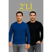 Erkek Fitilli Triko Kazak 2 Li Set Siyah Saks Mavisi Kalın Dokuma Pamuklu Regular Fit Saks Mavi - Siyah