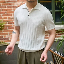 Yeni Erkek Yaz Kısa Kollu Erkek Çizgili Günlük İnce Örme Kısa Kollu Beyaz
