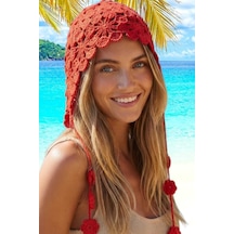 Tezzgelsin Kadın Çiçek Motifli Örgü Bandana Bere Bohem Yazlık Şapka Kırmızı