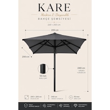 Alubrella Kare Antrasit 200x200 Cm, 8 Telli Güneş Şemsiyesi
