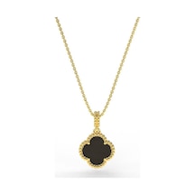 Roza Silver 925 Ayar Oniks Taşlı Gold Yonca Gümüş Kolye Rn10284