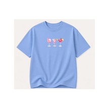 Herkesemoda Summer Baskı Detaylı Kadın Bisiklet Yaka Pamuklu T-shirt Mavi