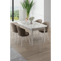 Canisa Asfel Serisi Mdf 77x130 Beyaz Mermer Desen Yandan Açılabilir Mutfak Masa Takımı 4 Cappucino Sandalye Beyaz Mermer Masa Cappucino Sandalye