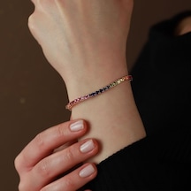 Renkli Sıra Taşlı Su Yolu Rose Gold Kaplama Gümüş Bileklik Gümüş