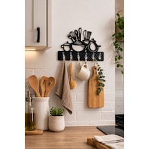 Mutfak Temalı Duvar Askılığı 6 Kancalı Mdf Duvar Askısı 39 X 29 Cm Siyah Siyah