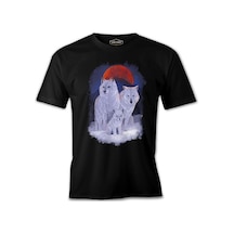 A Wolf Family İn Front Of A Red Moon Scene Siyah Erkek Tshirt 001