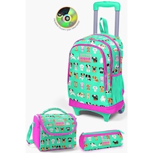 Coral High Kids Su Yeşili Neon Pembe Köpek Desenli Çekçekli 3'lü Çanta Seti Set0123362