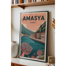 Amasya Tablo - Retro Travel Poster - Türkiye Şehir Serisi Duvar Dekoru - Çerçeve Şehir İllüstrasyonu Siyah