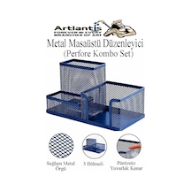 Masaüstü Metal Kalemlik Seti 3 Lü Kombo 1 Paket Fileli Perfore Renkli Kalemlik Kağıtlık Küpnotluk Düzenleyici Lacivert