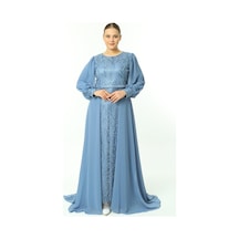 Ladies First Büyük Beden 3704 Indigo Uzun Abiye Elbise