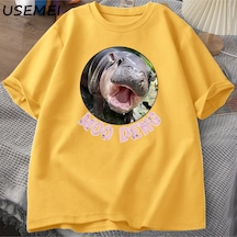 Flood Of Style Moo Deng T Shirt Erkekler Kadınlar İçin Pamuk Kısa Kollu Tişört Rahat O Boyun Tayland Moo Moo Sarı