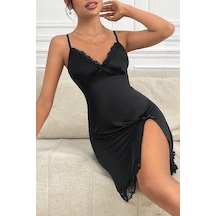 Ang Butik Kadın Siyah Dantelli Fiyonklu Ve Yırtmaçlı Şık Gecelik