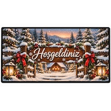 Yılbaşı Temalı Kapı Önü Paspası- Kardan Adam, Kurabiye Adam Ve Geyik Desenli, Kaymaz Pvc Tabanlı Dijital Baskılı Dekoratif Paspas Yeşil