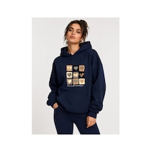 Herkesemoda Küçük Leopar Kalpler Baskılı Kapüşonlu 2 İplik Şardonlu Sweatshirt Lacivert