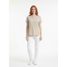 Neden Tekstil Bej Kadın Basic T-shirt Yuvarlak Yaka Kısa Kol