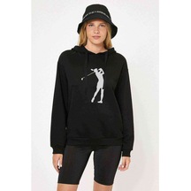 Silhouette Golf Baskılı Siyah Kadın Kapşonlu Sweatshirt
