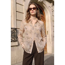 Sateen Çizgi Ve Çiçek Desenli Gömlek - Kahve-137458