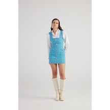 Holly Lolly Metal Düğme Detaylı Mini Tüvit Tweed Elbise Mavi