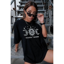 Unisex Sun Moon Evren Temalı Tasarım Tshirt SIYAH