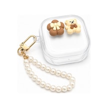 Samsung Galaxy Buds 4 / Buds 4 Pro İle Uyumlu Teddy 3d Ayıcıklı Şeffaf Kulaklık Kılıfı İnci Askılı, Altın Renk Karabinalı, Çiçek Figürlü Koruyucu Kulaklık Kabı