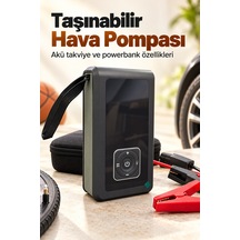 Powerbank Özellikli Akü Takviye Cihazı Ve Taşınabilir Hava Pompası Siyah