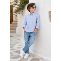 Eray Alp Kids Erkek Çocuk Çizgili Gömlek Pantolon Takımı Günlük Rahat Kombin Mavi