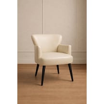Waterybrook Tekli Berjer Koltuk - Suni Deri - Siyah Ahşap Ayaklı - Modern Retro Tasarım - Ofis Ve Salon Koltuğu Krem