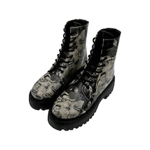 Kadın Vegan Deri Siyah Uzun Bot - Supper Black White Tasarım Multicolor