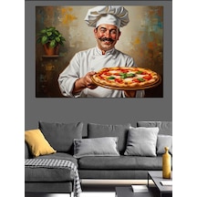 Ahşap Tablo Pizza Tepsisi Tutan Gülümseyen Şef Yiyecek Ve İçecek Tabloları