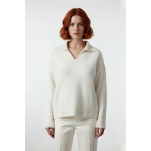 Ersefa Kadınlar İçin Kışlık Oversize Basic Triko Kazak Polo Yaka Düşük K Ekru