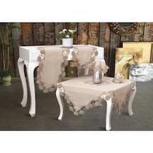 Çeyizlik Flowers Model Kapiçino 5 Parça Keten Dantelli Masa Örtüsü Runner Seti Çok Renkli