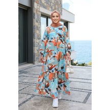 Hb Harma Time Butik Kadın Rahat Kesim Desenli Modal Kumaş Mavi Elbise