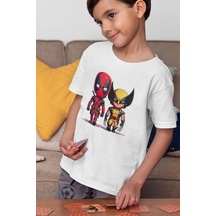 Sevbano Deadpool Wolverine Baskılı Unisex Kahramanlar Film Çocuk Tişört Beyaz