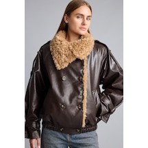 Defacto Oversize Peluş Yakalı Kruvaze Suni Deri Mont I2761ax26wnbn530 Kahve-bn530