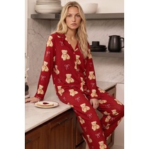 Siyah İnci Desenli Termal Kumaşlı Ultra Soft Yumuşak Düğmeli Örme Pijama Takımı 26226120 Kırmızı