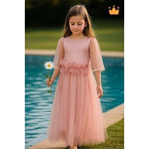 Babyhola 6-10 Yaş Midi Boy Yetim Kol Simli Nakışlı Tül Kız Çocuk Abiye Bayramlık Elbise 5012 Pudra