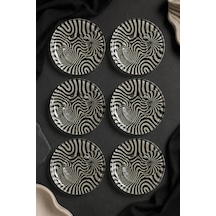 6 Lı Cam Çay Tabağı Siyah Krem Optik Dalga Desenli 12 Cm 6 Adet Çay Tabak